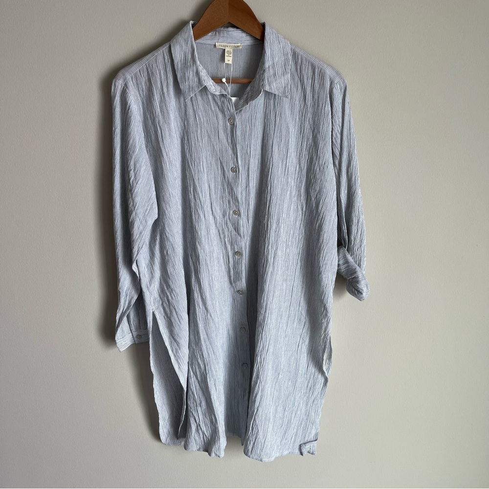 Eileen Fisher NWT High Slit Shirt Stripes Coastal Organic Cotton Blend Small (S)